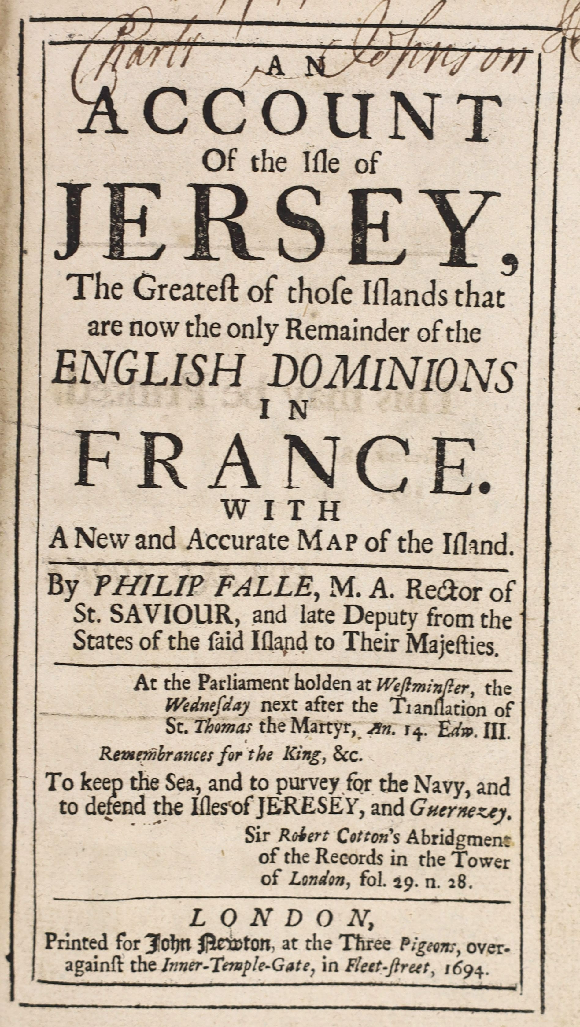 Falle, Philip - An Account of the Isle of Jersey, 8vo, calf, with folding map, John Newton, London, 1694